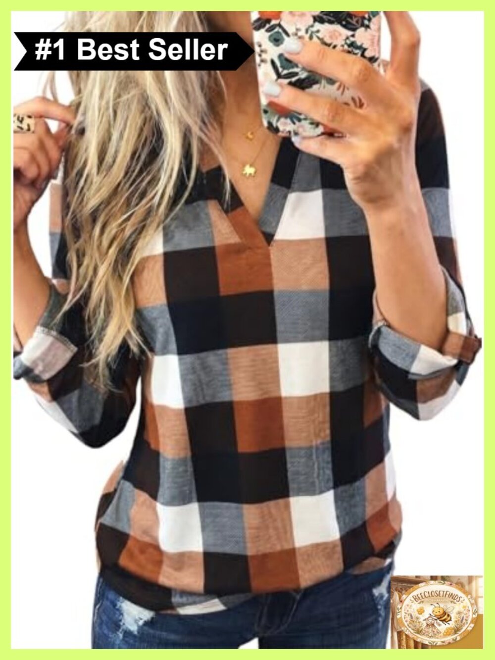 Plaid V-Neck Button-Down Blouse Loose Fit High-Low Hem 3/4 Sleeve Shirt